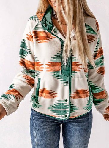Western Snap Buttoned Fleece Jacket:Green