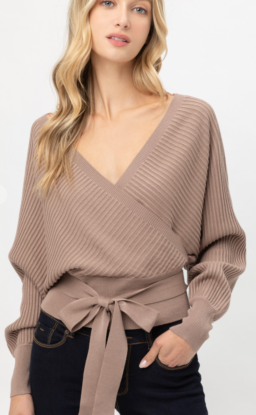Front Wrap Tie Sweater Taupe