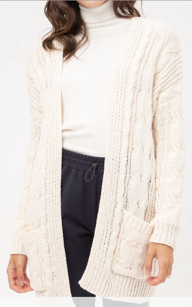 Chenille Cable  Open Front Cardigan Ivory