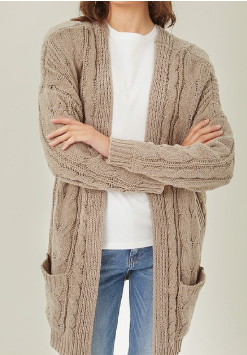 Chenille Cable  Open Front Cardigan Taupe